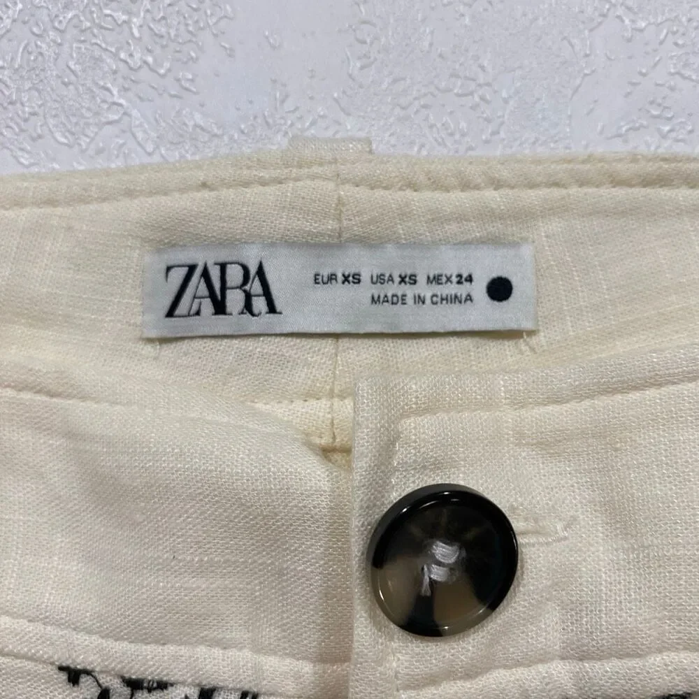 Zara Cream Embroidered Wide Leg Pants XS Boho Linen Blend